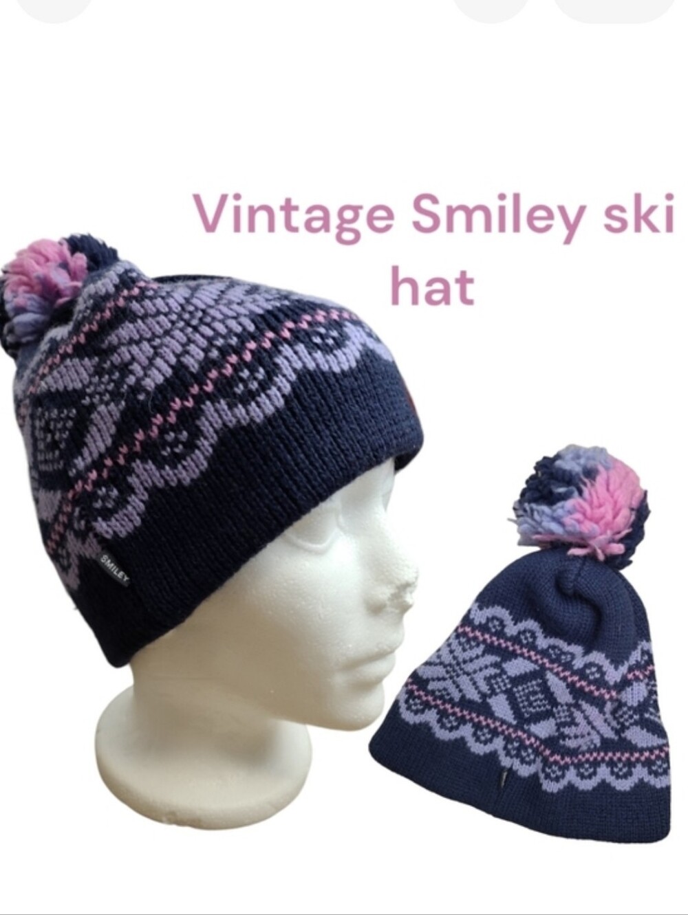 Vintage Smiley 90s wool ski hat beanie warm winter hat purple blue pink pom pom